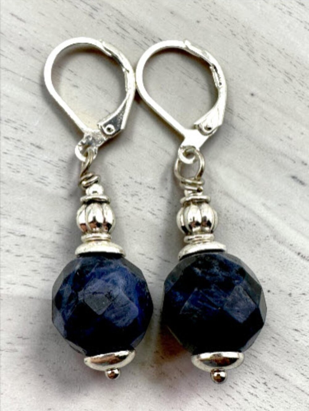 Navy Blue Sodalite Earrings Faceted Dangle Drop 925 Sterling Silver Leverbacks